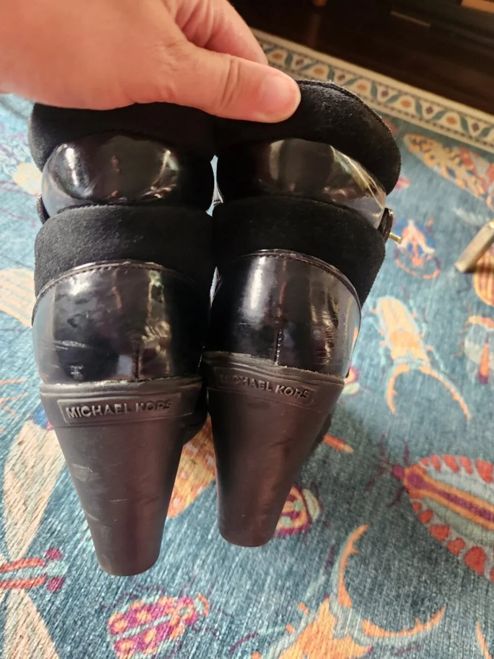 Michael Kors Black Wedge Booties Size 10 Lace Up Buckles Gold